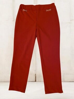NY Collection Rust Red Straight Leg Pants with Gold Chain Detail